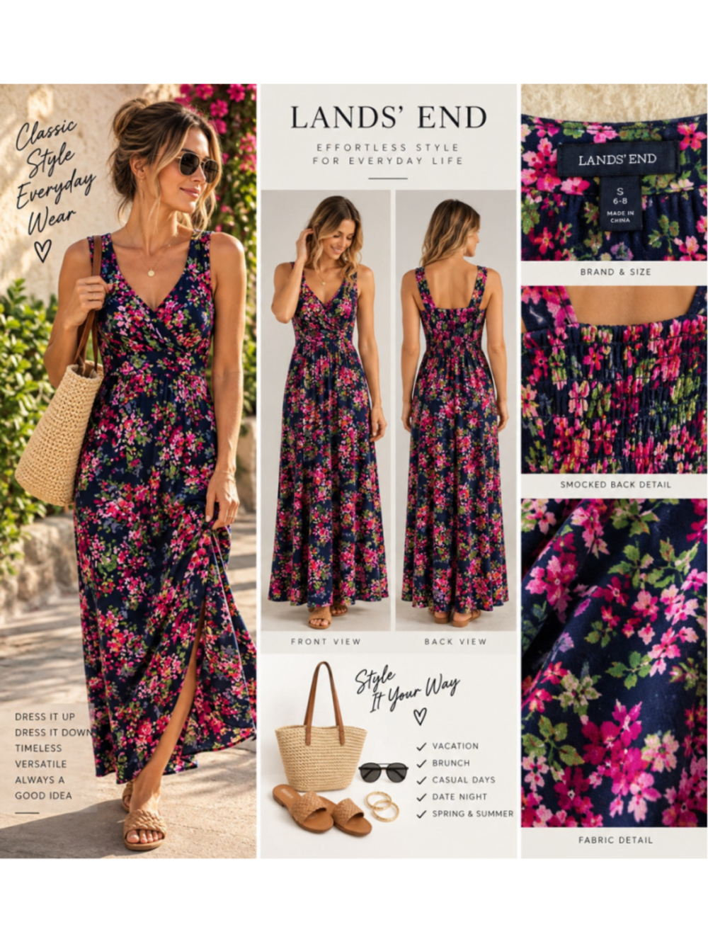 Lands' End Floral Surplice V-Neck Sleeveless Maxi Dress Side Slits Small 6-8 W-2
